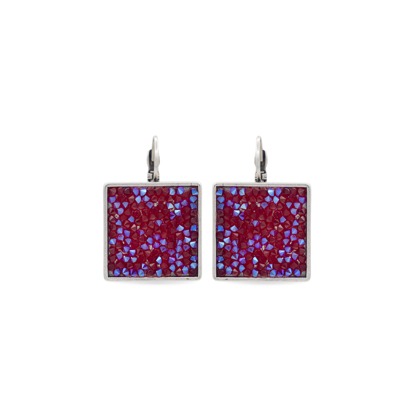 Silver Square Crystal Rock Earrings Red Shimmer