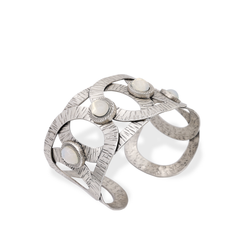 Silver geometric bold cuff bracelet with white stone