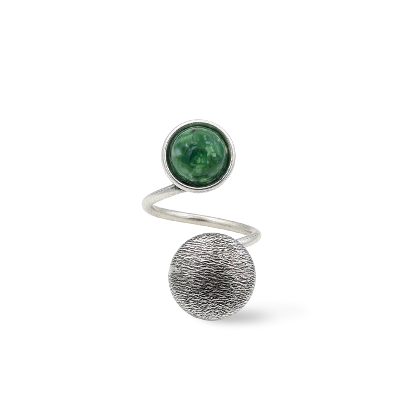 Silver button ring with green stone