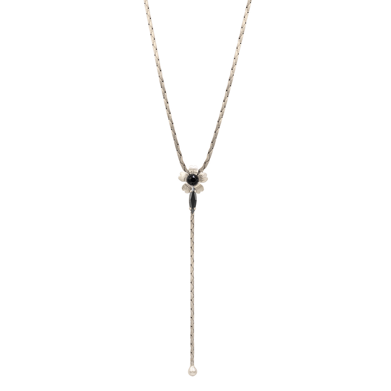 Long Y shape silver flower necklace