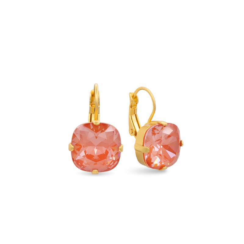 Gold square coral color crystal earrings 