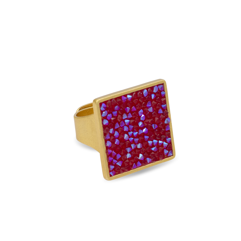 Gold square statement ring with red shimmer crystals