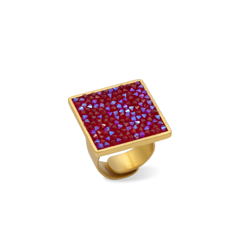 Square gold statement ring with red crystals
