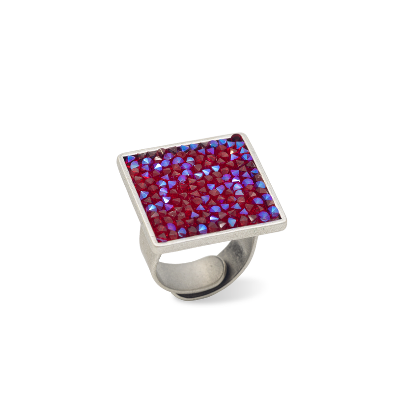 Square silver statement ring with red shimmer crystals