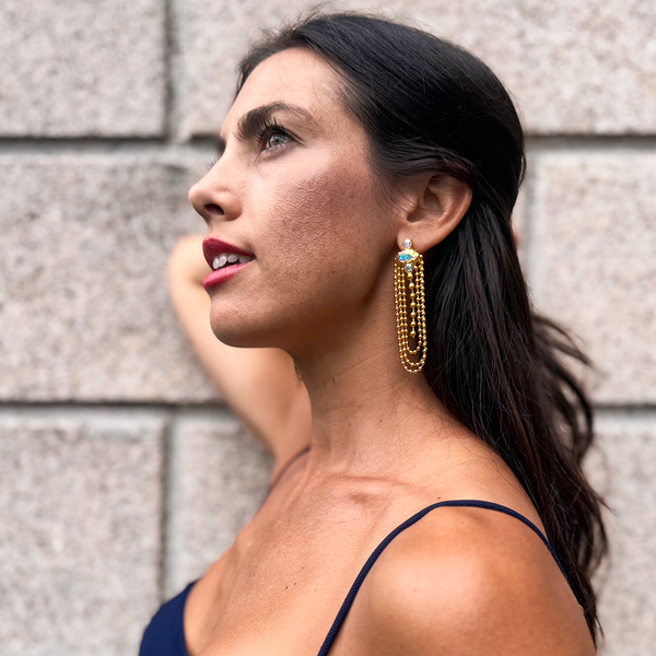 Gold chandelier earrings with aurora crystal