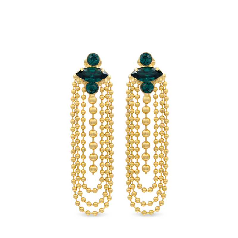 Gold chandelier earrings with emerald crystal
