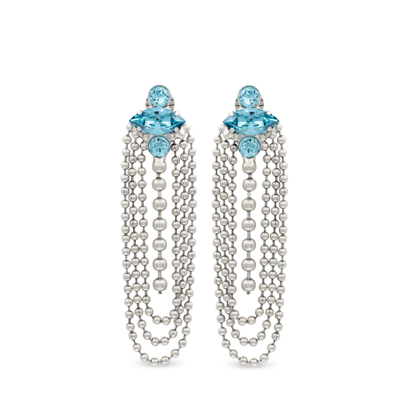 Silver chandelier earrings with aqua crystal