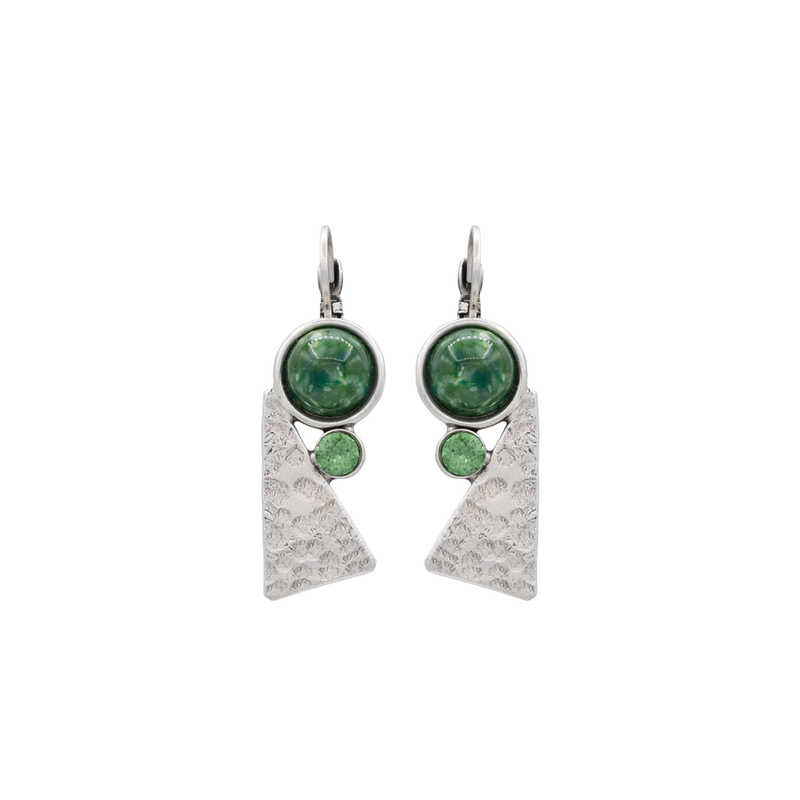 Silver triangle earrings with green beads and crystals