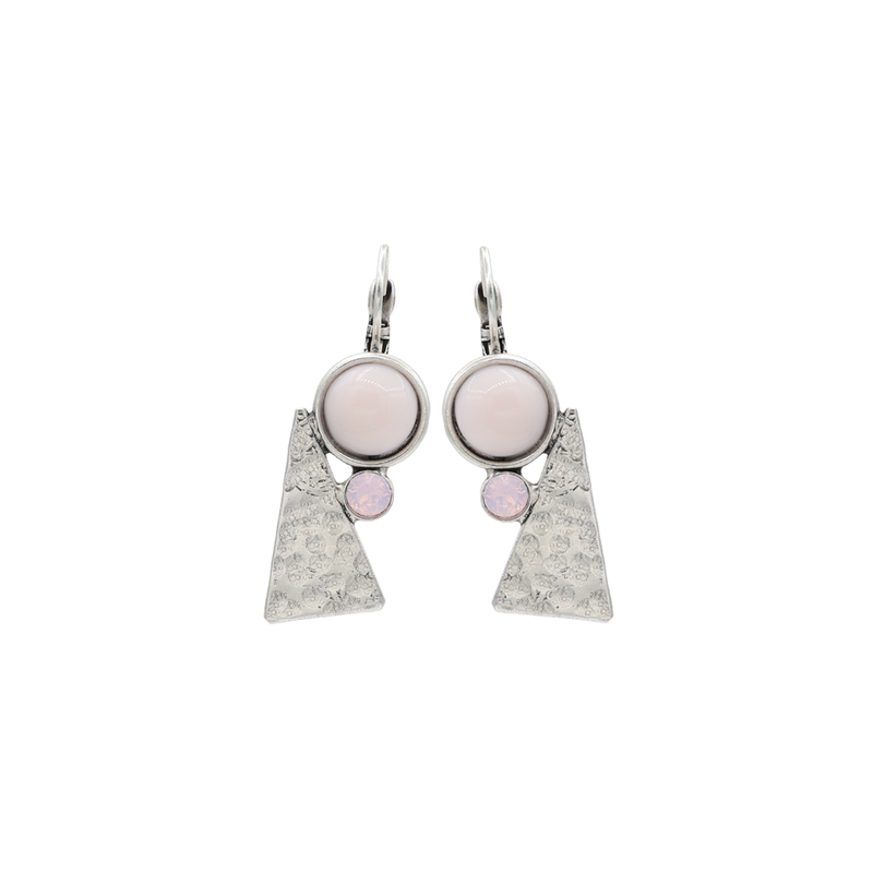 Silver triangle dangle earrings with pink stone