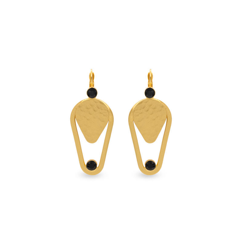 Gold triangle dangle earrings with black onyx crystal