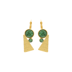 Gold triangle dangle earrings with green stone