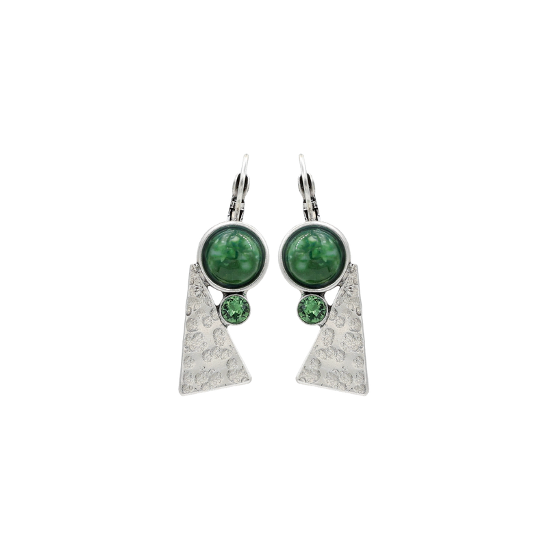 Silver triangle dangle earrings with green stone