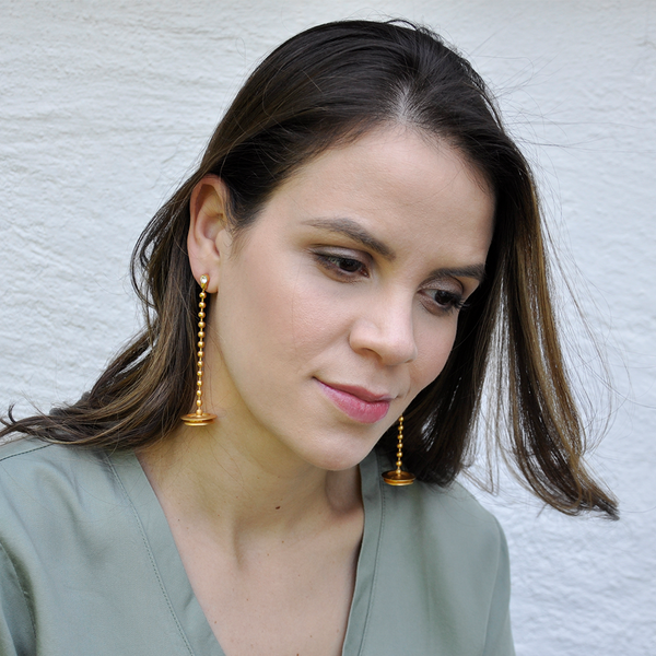 Gold dangle shield earrings with aurora borealis crystals