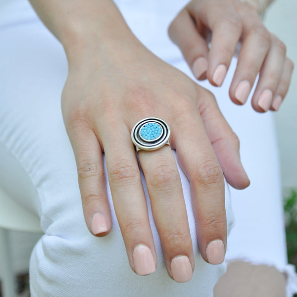 Silver statement ring with pacific blue crystals