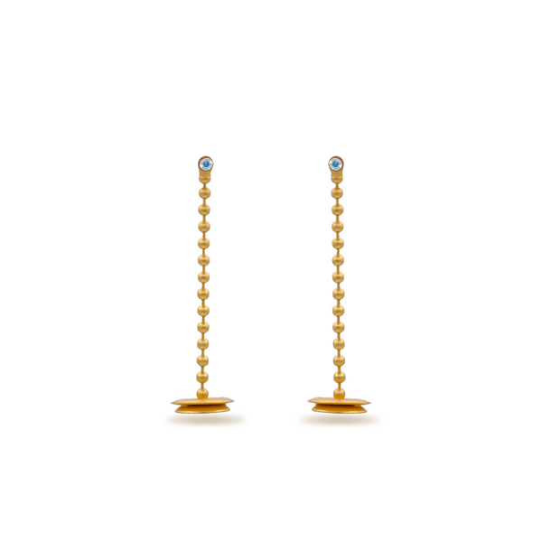 Gold dangle shield earrings with aurora borealis