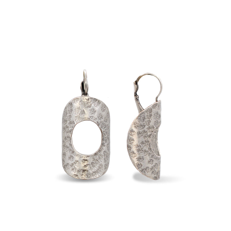 Hammered silver oval shape dangle drop earrings with leverback closure