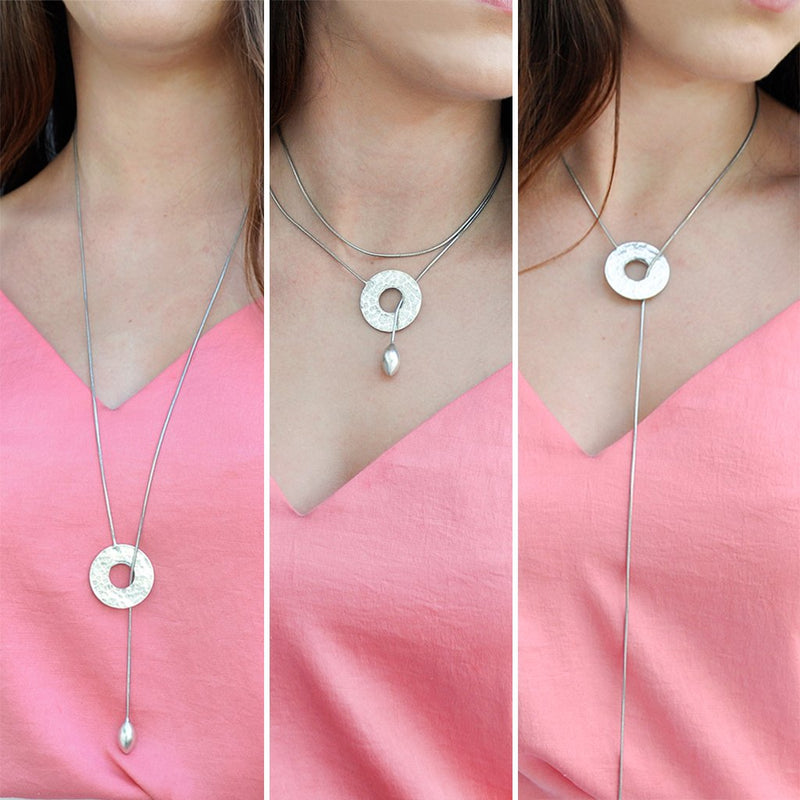 hammered silver long lariat necklace
