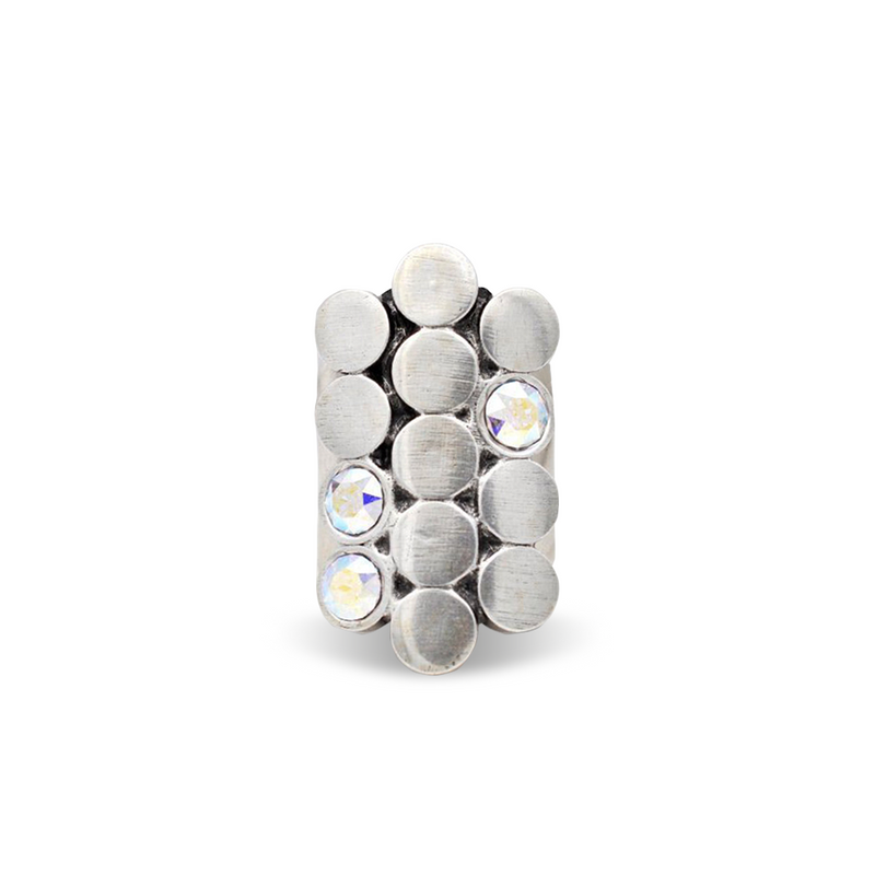 Silver geometric style statement ring with aurora borealis crystals
