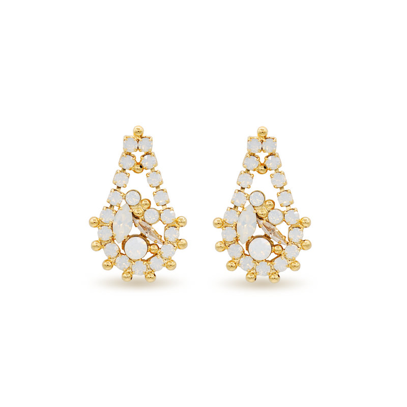 gold teardrop chandelier earrings with white opal crystals