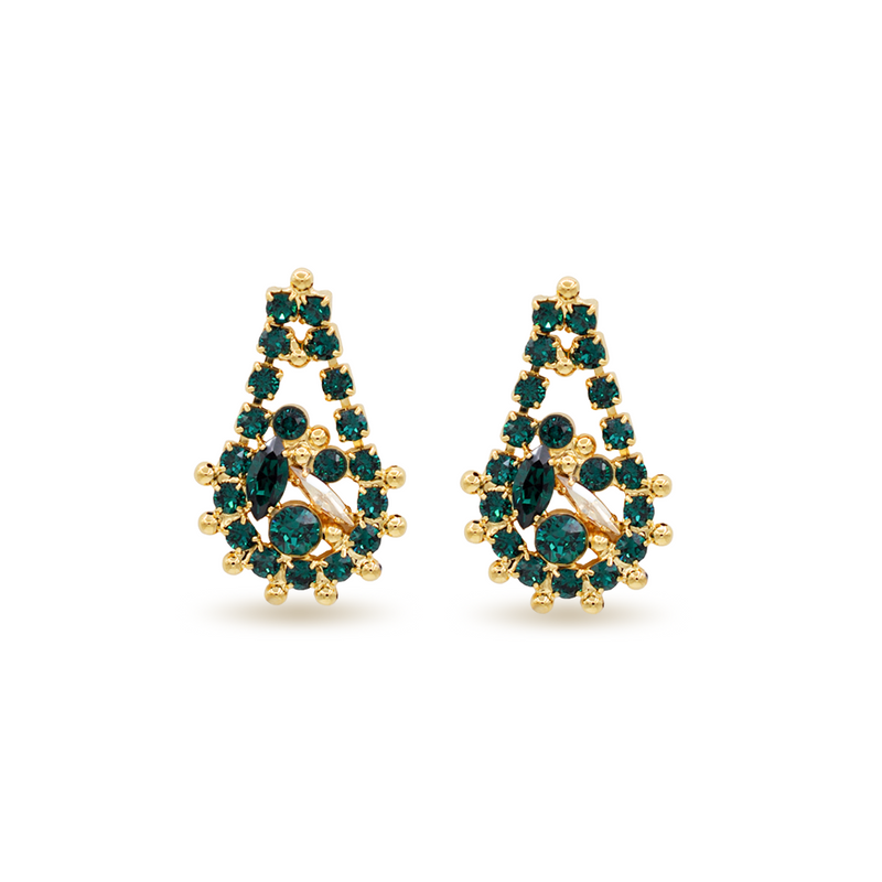Gold teardrop earrings with emerald crystals