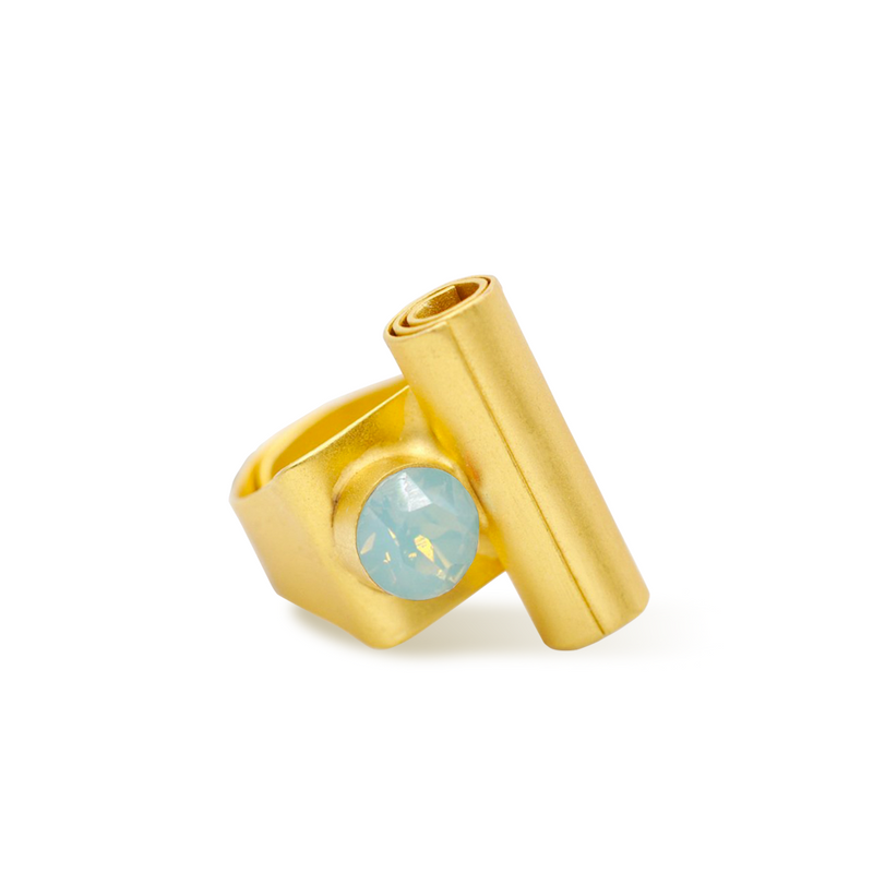 t shape gold statement ring with pacific blue crystal
