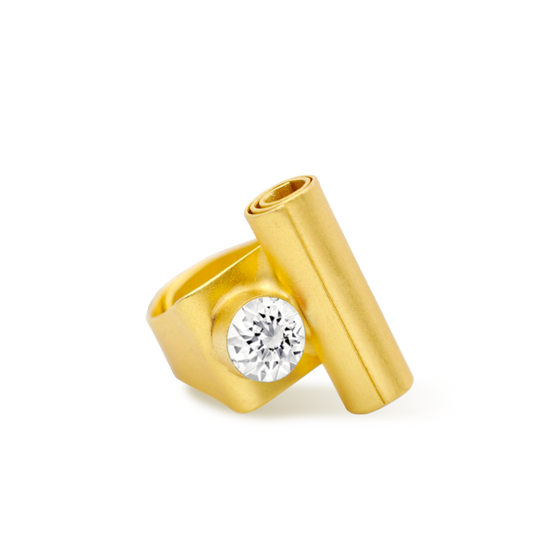 t shape gold statement ring with white crystal