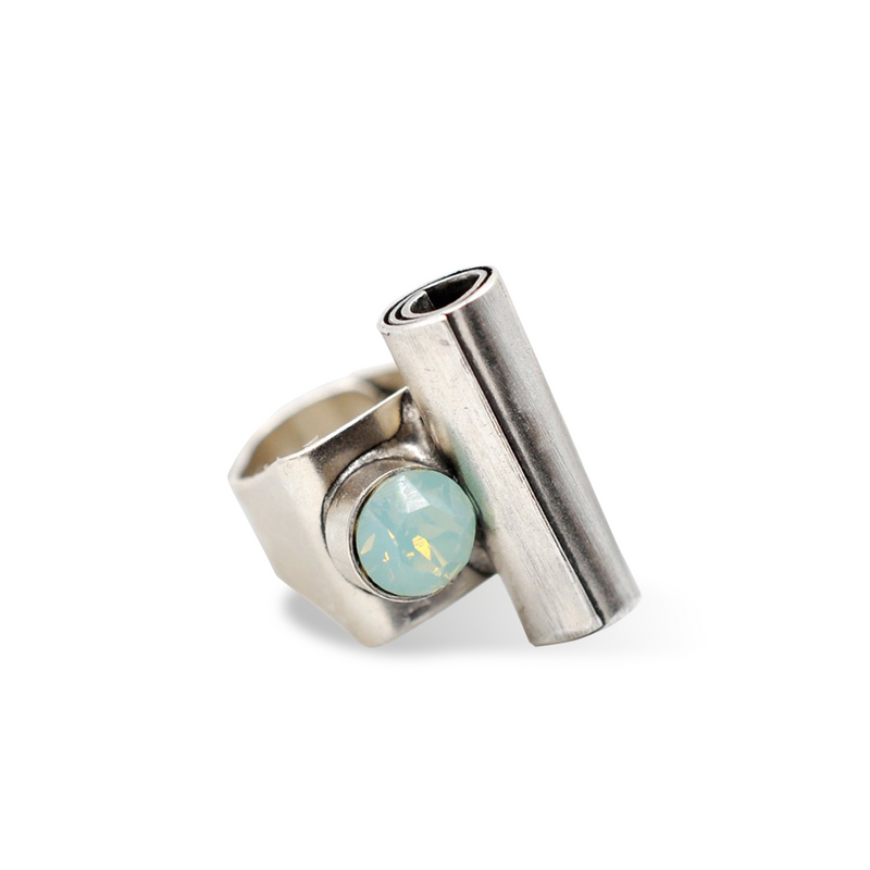 t shape silver statement ring with pacific blue crystal