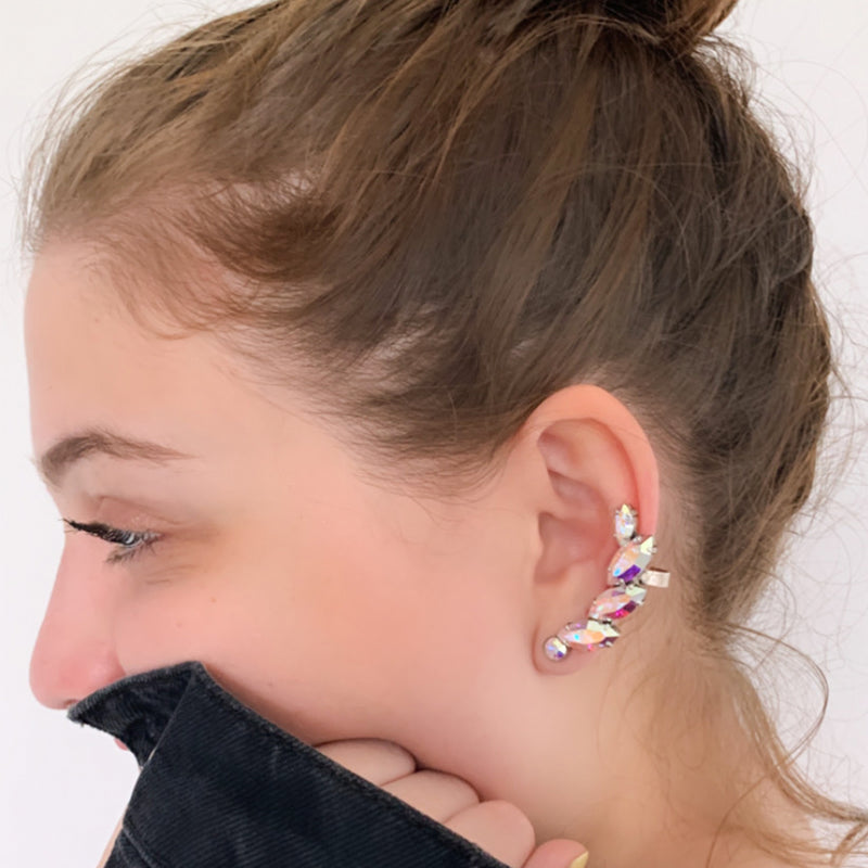Silver half-wreath cuff earrings with aurora Swarovski crystal