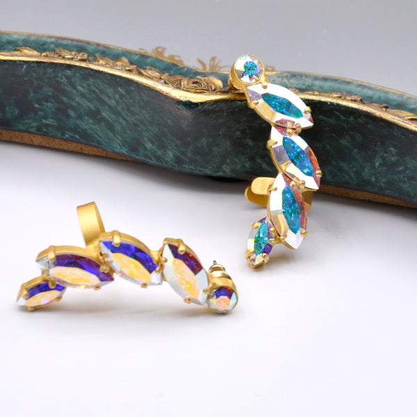 half-wreath cuff earrings with gold finish and aurora Swarovski crystal
