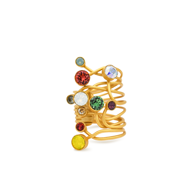 Wide spiral gold ring with multicolor crystals