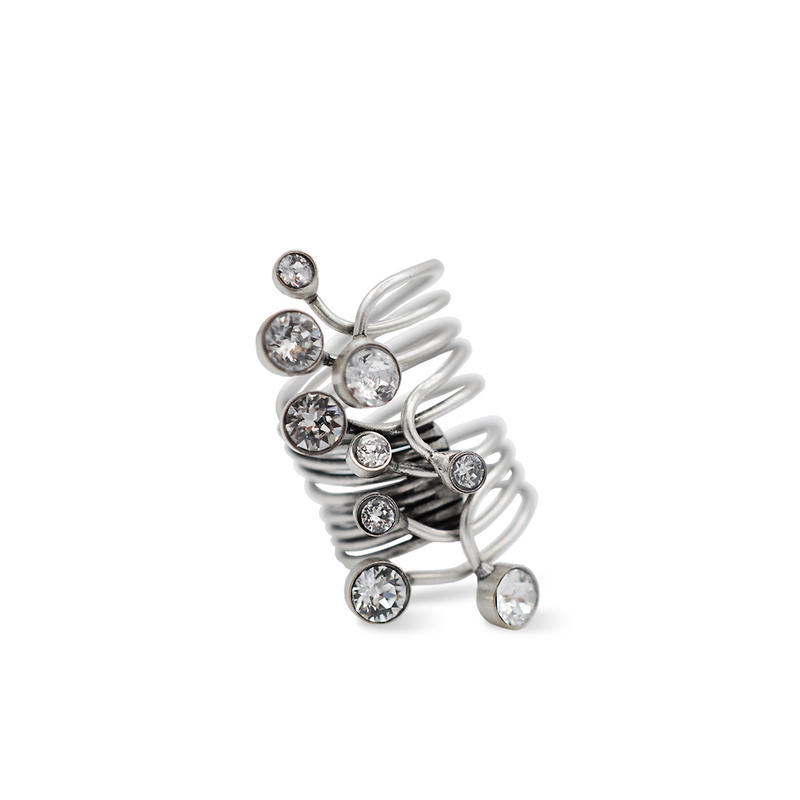 silver large spiral ring with crystals