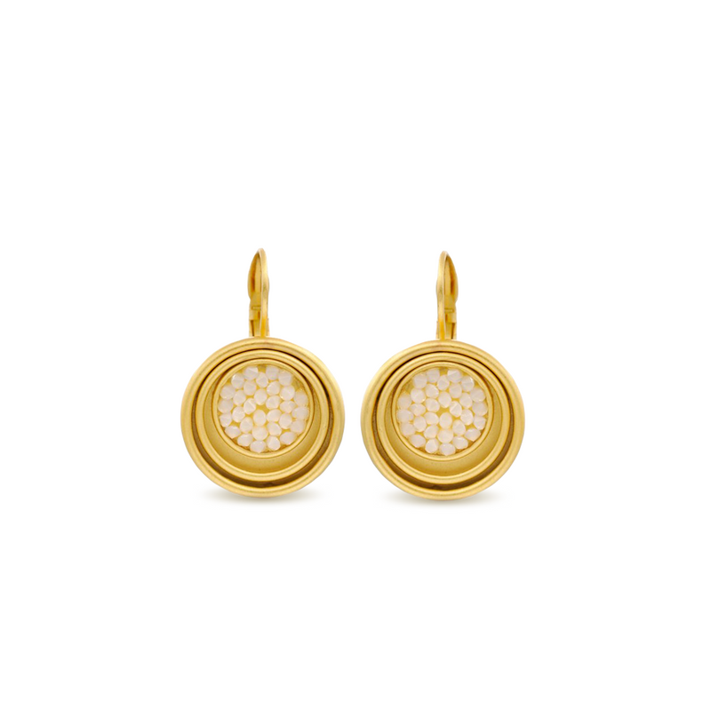 Gold round-shaped dangle drop earrings with white crystals