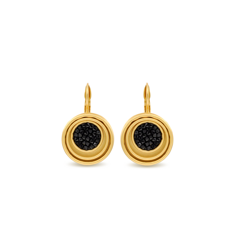 Gold round-shaped dangle drop earrings. Black earrings