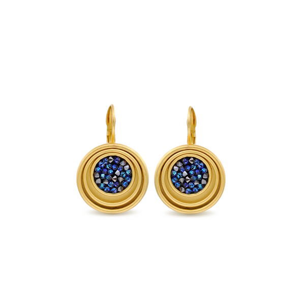 Gold round-shaped drop earrings. Blue earrings