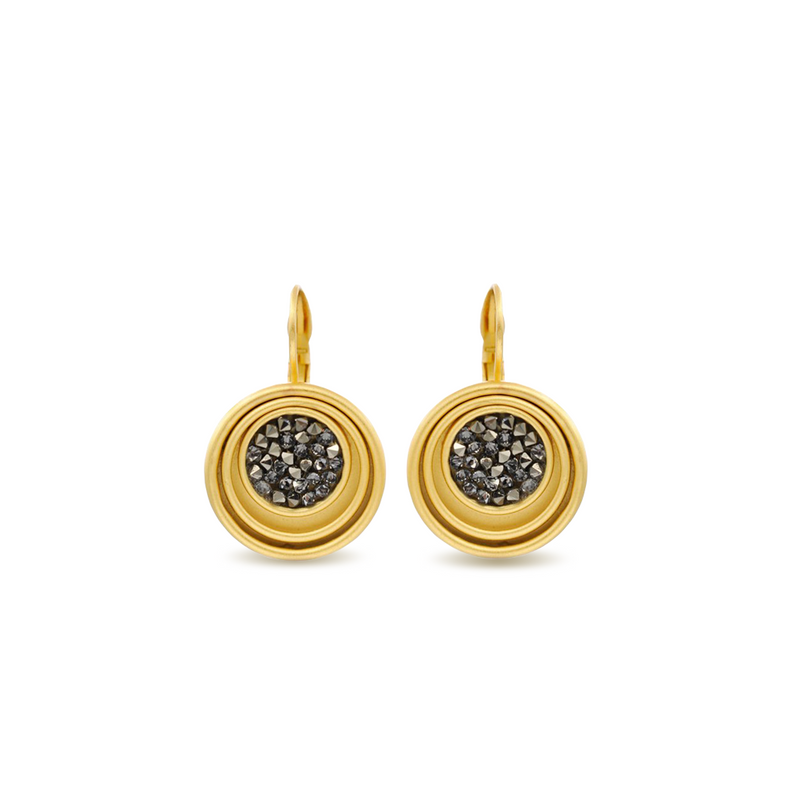 Gold round shaped dangle drop earrings with shimmer gray crystals