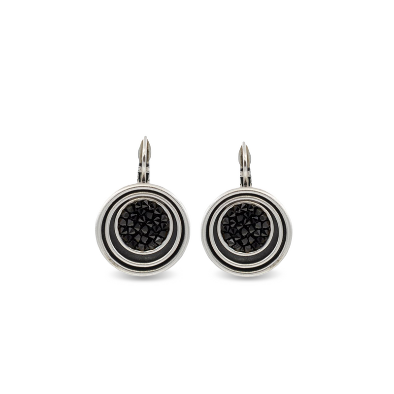 Silver round -shaped dangle drop earrings , black earrings