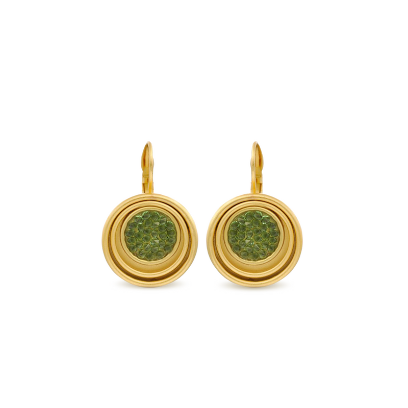 Gold round-shaped dangle drop earrings with green crystals