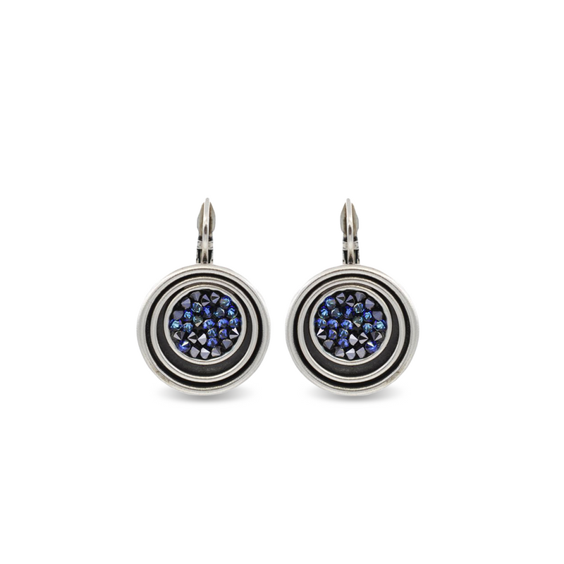 Silver round-shaped dangle drop earrings. Blue earrings