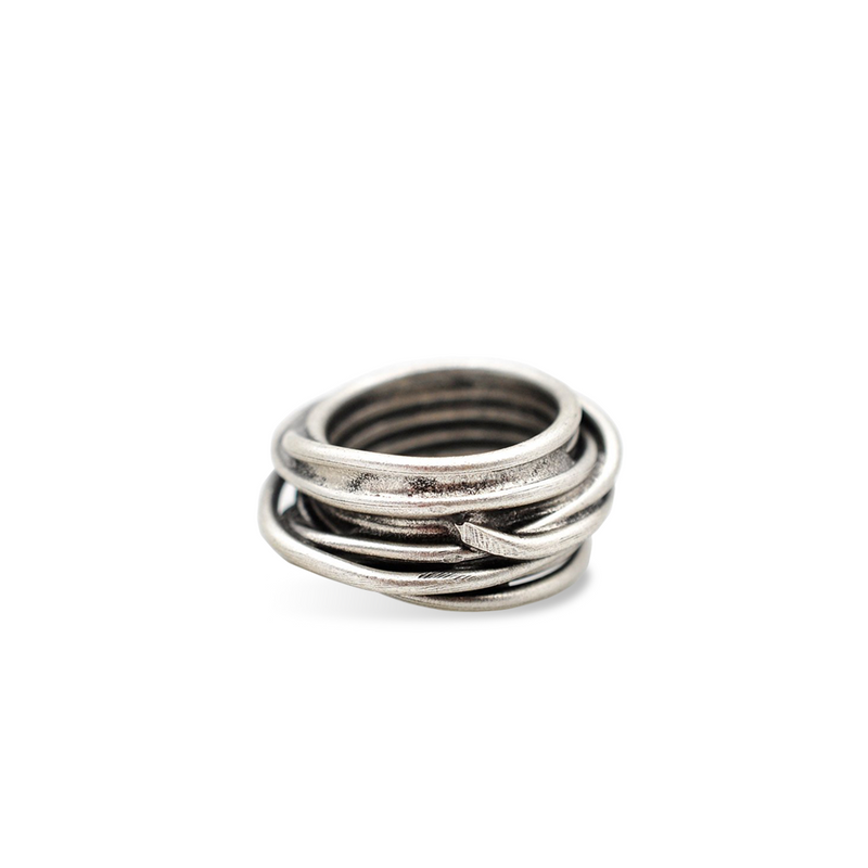 Arete 18k silver crossover wire wrap ring 