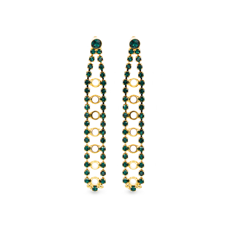 Gold chandelier earrings with emerald crystals