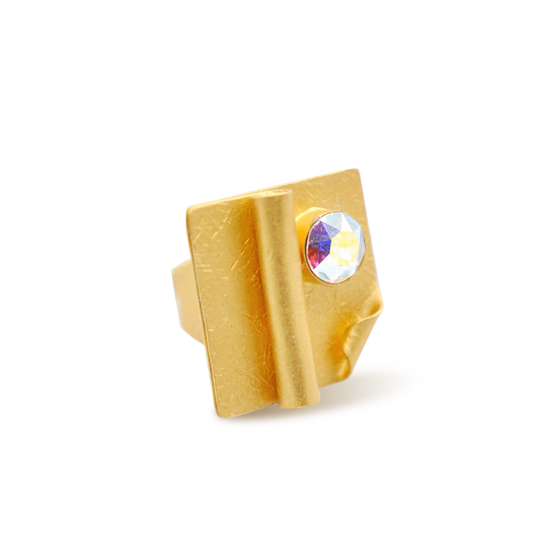 Square gold statement ring with aurora crystal