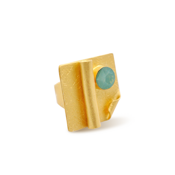 Square gold statement ring with pacific blue crystal