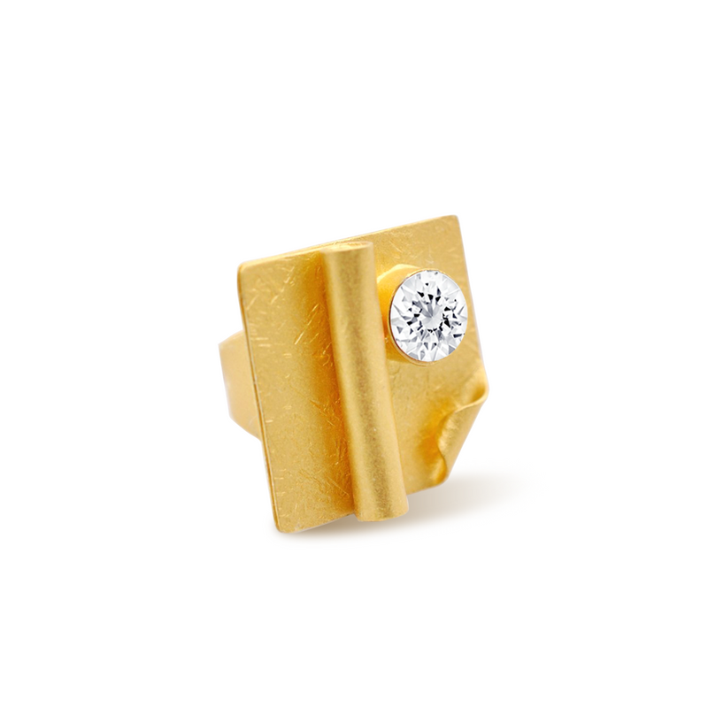 Square gold statement ring with white crystal