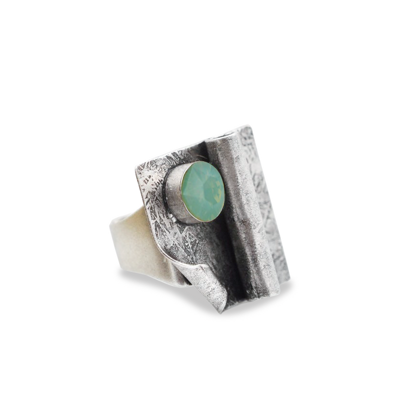 Square silver statement ring with pacific blue crystal