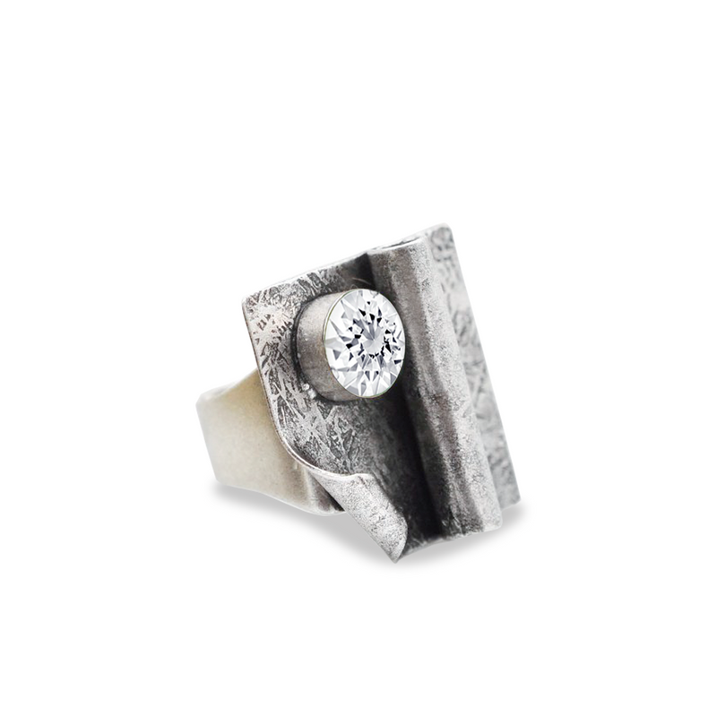 Square silver statement ring with white crystal