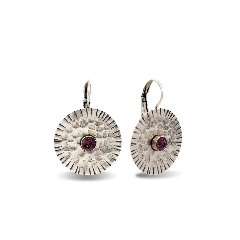 round shape silver earrings with amethyst crystals