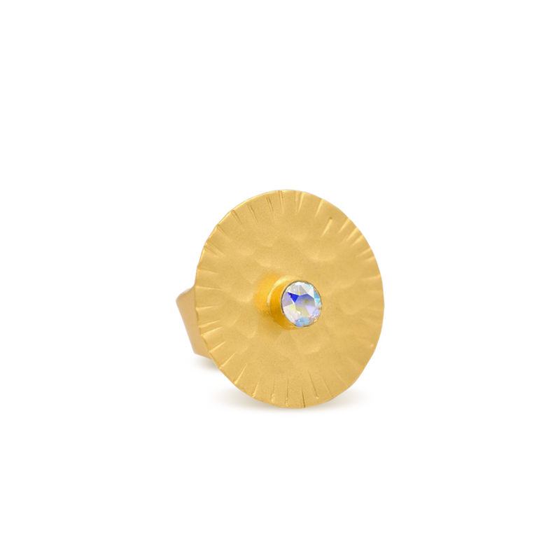 hammered gold round ring with aurora crystal