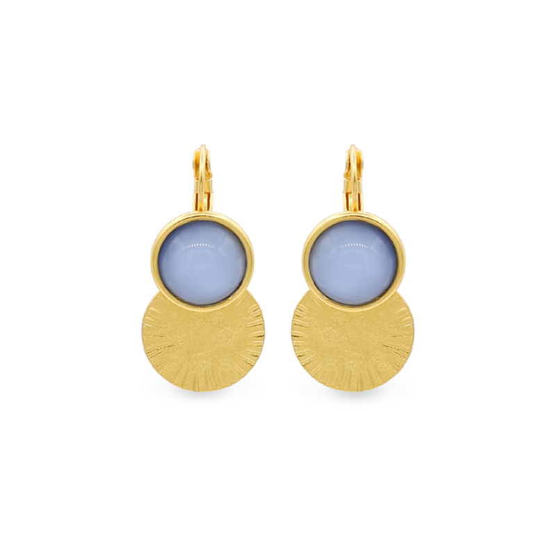 Gold hand-hammered dangle earrings with blue crystal