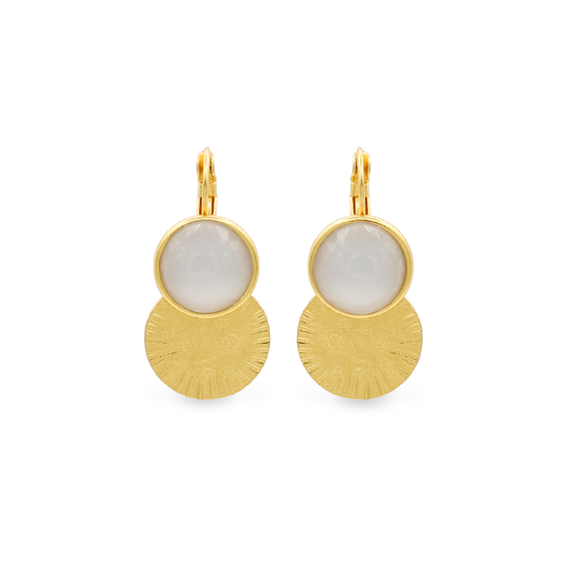 Gold hand-hammered dangle earrings with white crystal