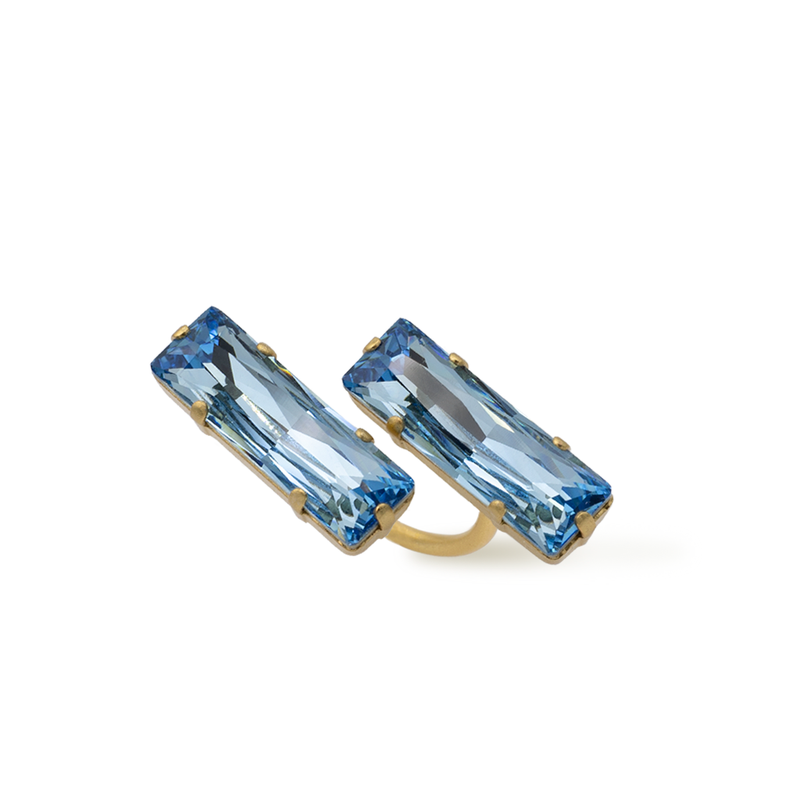 Baguette crystal open gold ring with aqua crystals